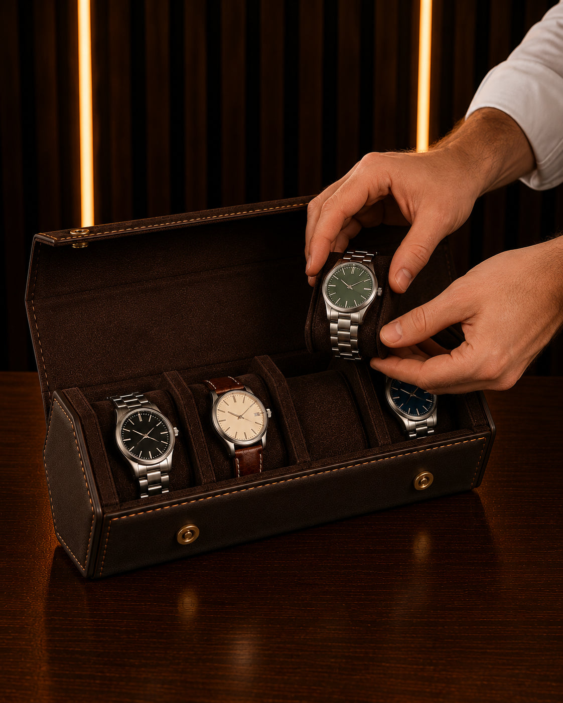 Main déposant une montre automatique sur le coussin d'un étui de voyage 4 montres – Complications Paris