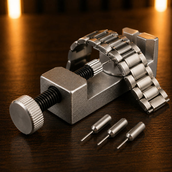 Outil d'ajustement de maillons avec broches de rechange, sur bracelet acier – Complications Paris