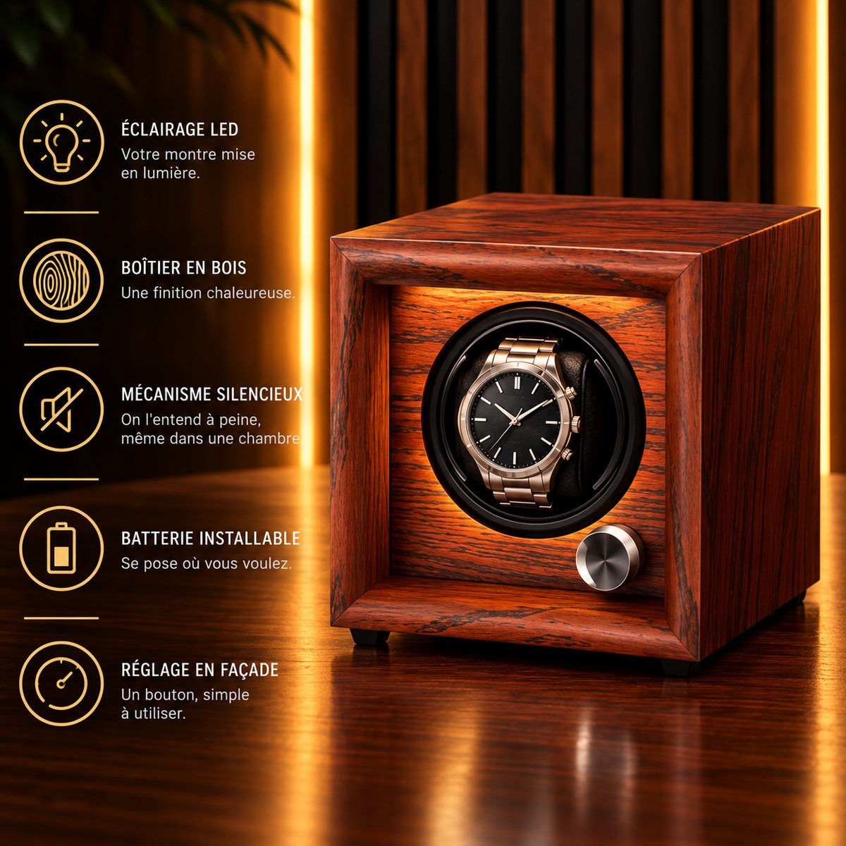 Remontoir montre automatique 1 place bois et LED – caractéristiques : éclairage LED, boîtier en bois, batterie installable – Complications Paris