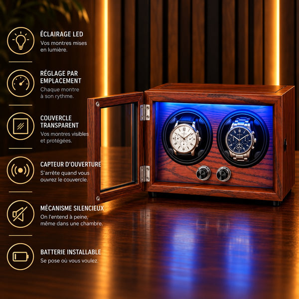 Remontoir montre automatique 2 places bois et LED – caractéristiques : éclairage LED, couvercle transparent, réglage par emplacement – Complications Paris