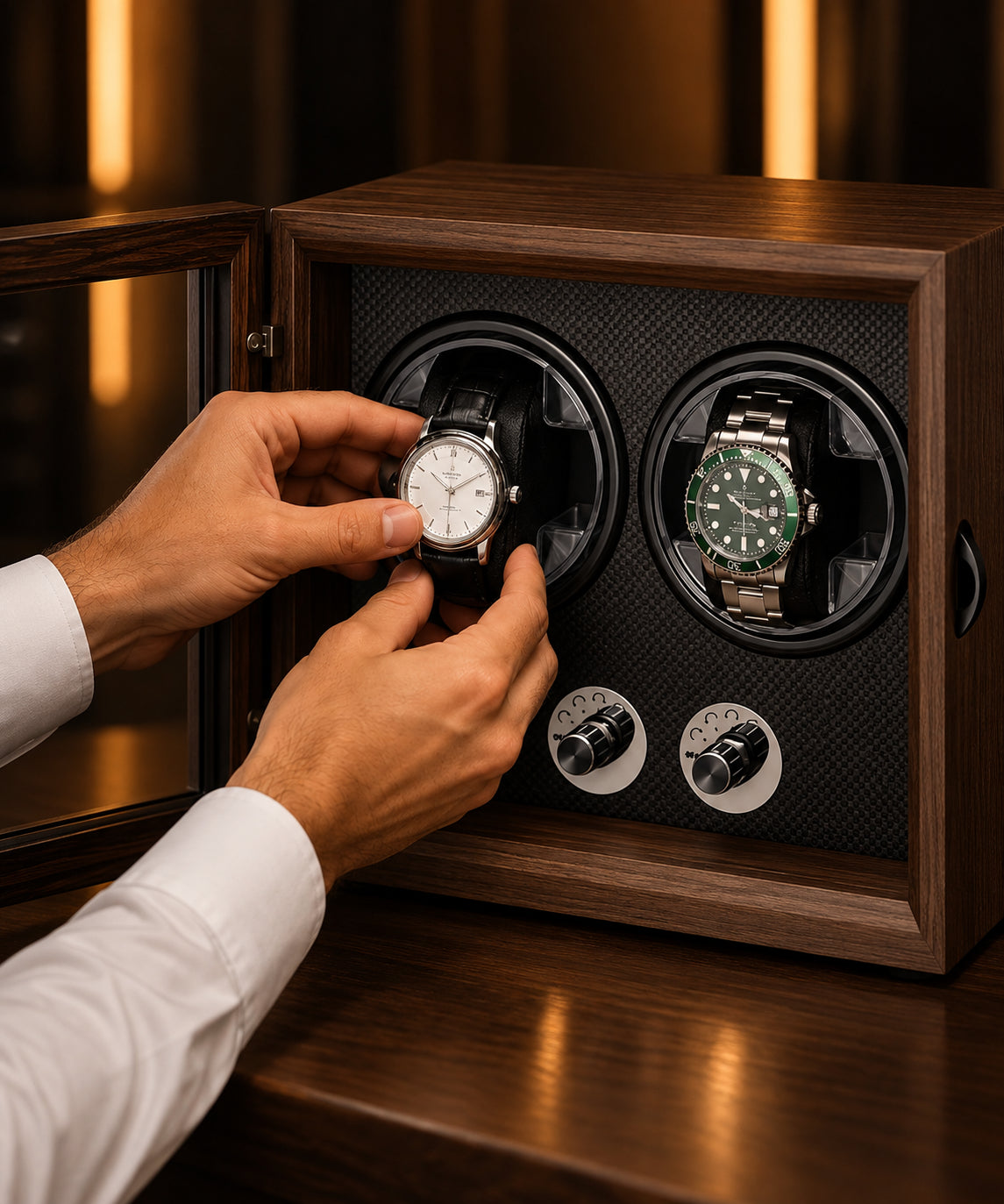 Mise en place d'une montre automatique sur le coussin d'un remontoir 2 places – Complications Paris