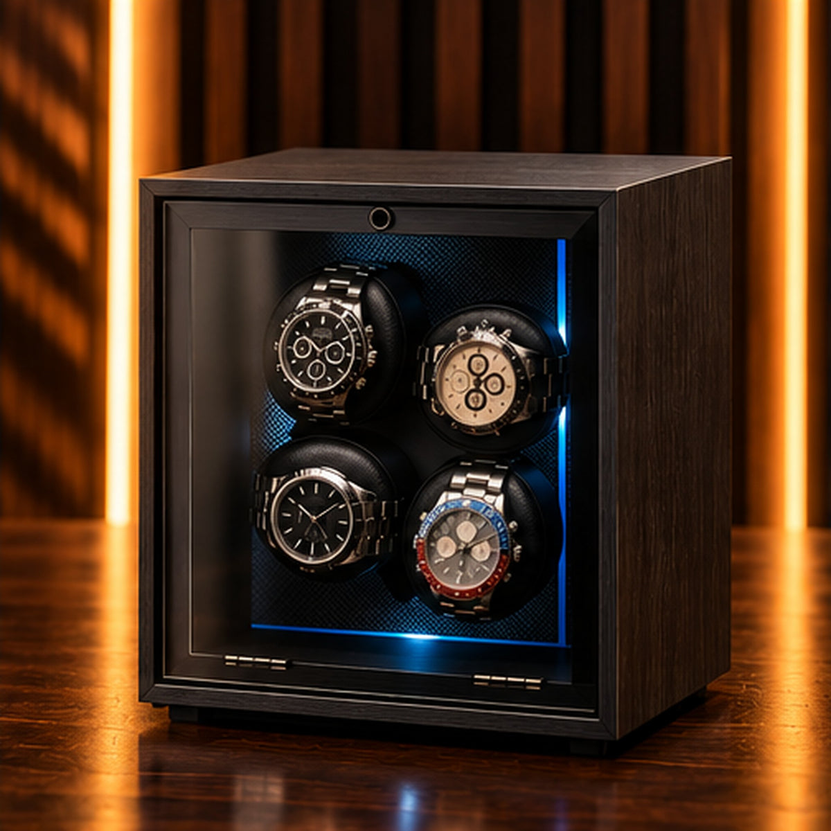 Remontoir 4 montres boîtier noir, porte fermée, vue de trois quarts