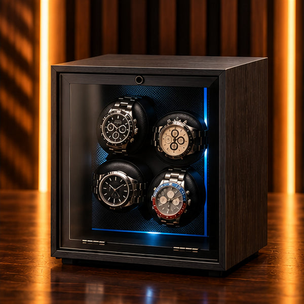 Remontoir 4 montres boîtier noir, porte fermée, vue de trois quarts