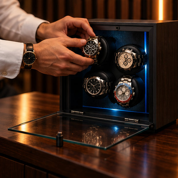 Remontoir 4 montres boîtier noir – une main place une montre sur son coussin