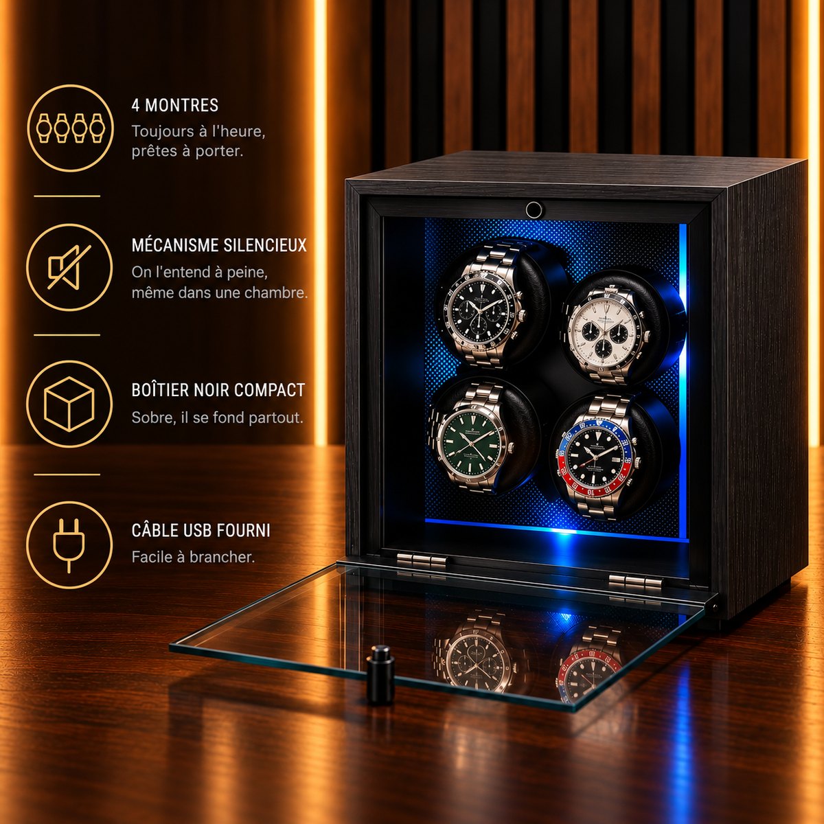 Remontoir montre automatique 4 places noir – caractéristiques : boîtier noir compact, alimentation par câble USB – Complications Paris