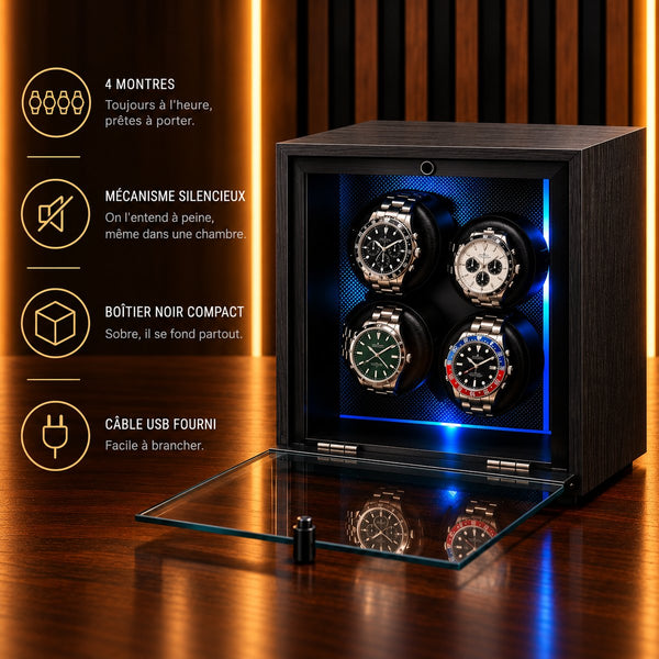 Remontoir montre automatique 4 places noir – caractéristiques : boîtier noir compact, alimentation par câble USB – Complications Paris