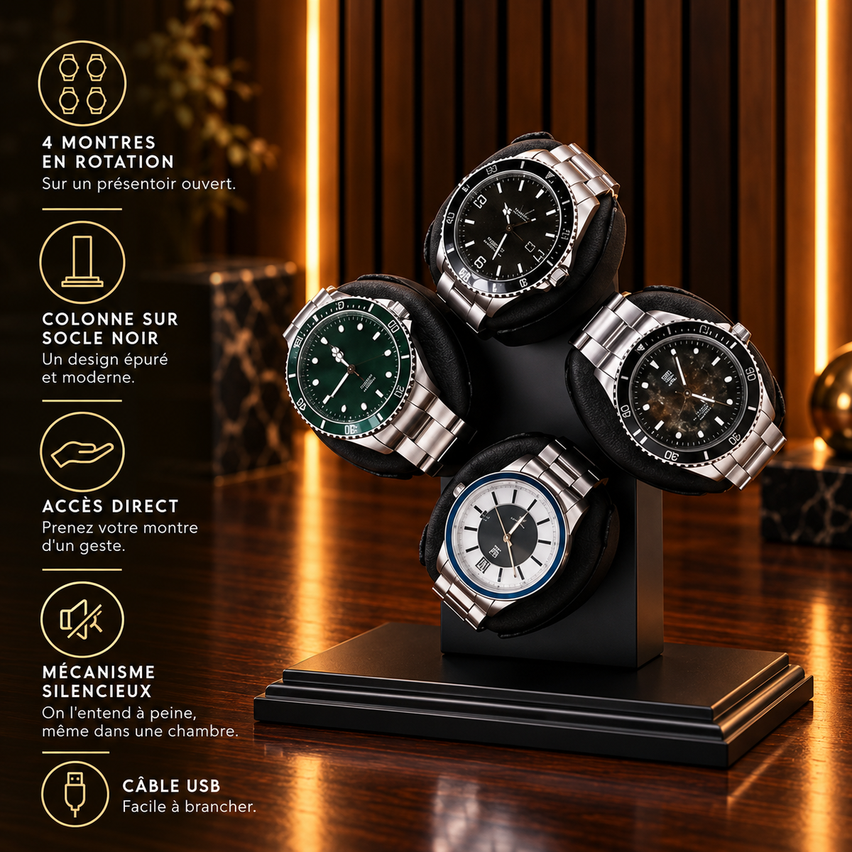 Remontoir montre automatique 4 montres présentoir rotatif – caractéristiques : présentoir ouvert, colonne sur socle noir, câble USB – Complications Paris