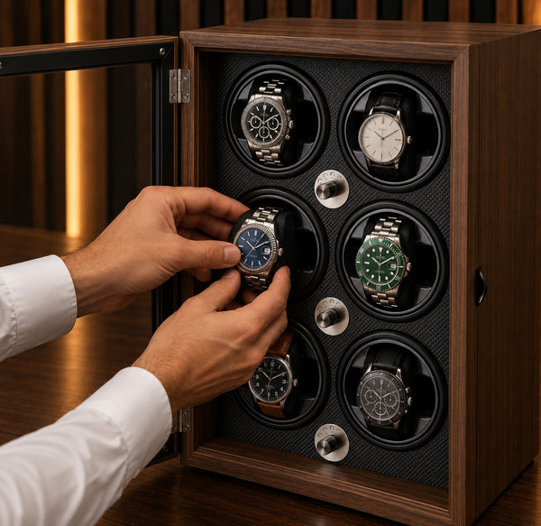 Mise en place d'une montre automatique sur le coussin d'un remontoir 6 places – Complications Paris