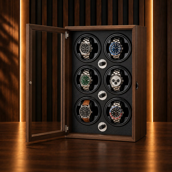 Remontoir montre automatique 6 places en placage bois, porte vitrée ouverte sur six montres – Complications Paris