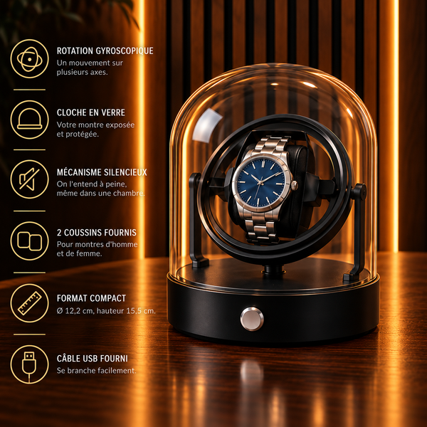 Remontoir montre gyroscopique 1 place – caractéristiques : rotation sur plusieurs axes, cloche en verre, câble USB fourni – Complications Paris