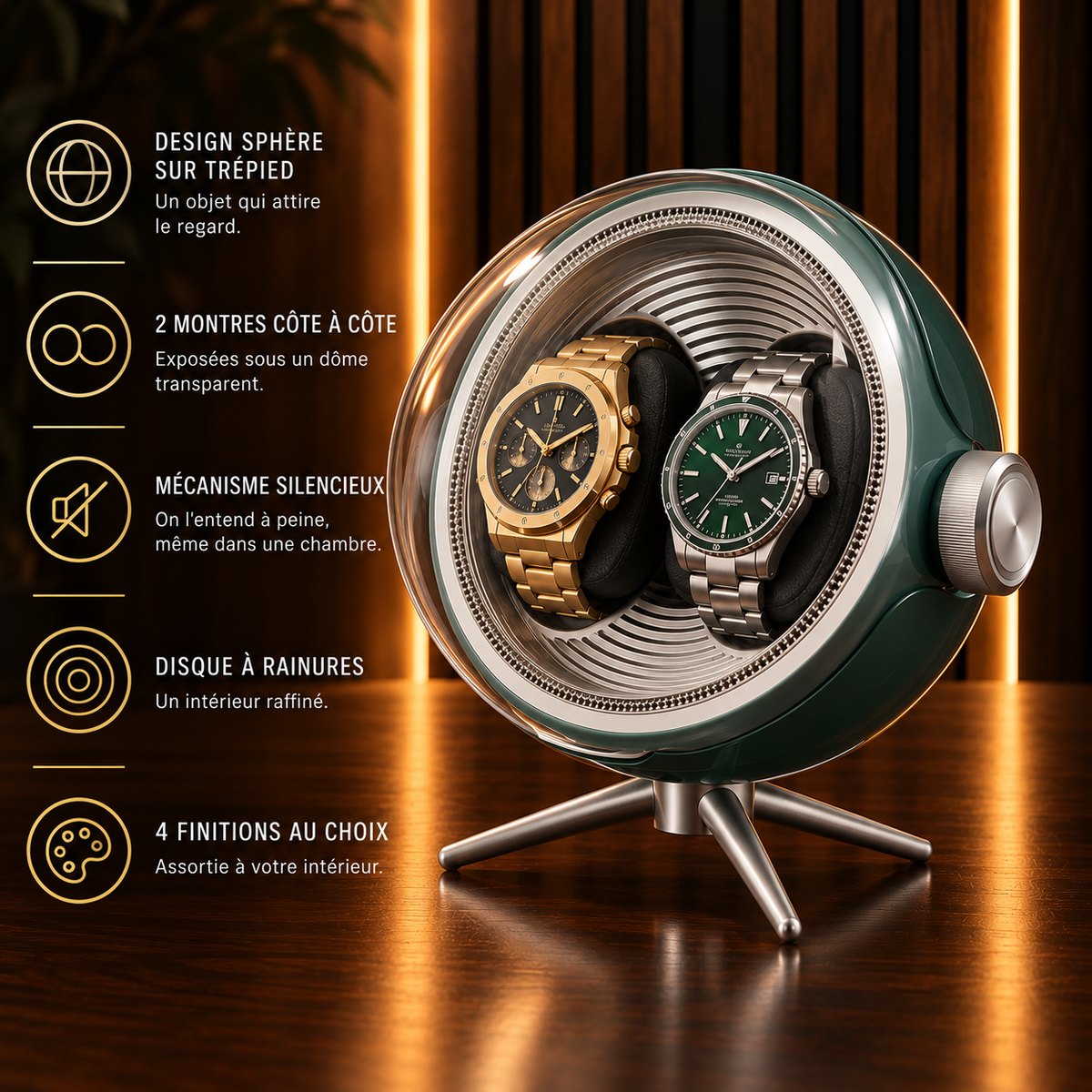 Remontoir montre sphère 2 places sur trépied – caractéristiques : deux montres sous dôme transparent, quatre finitions – Complications Paris